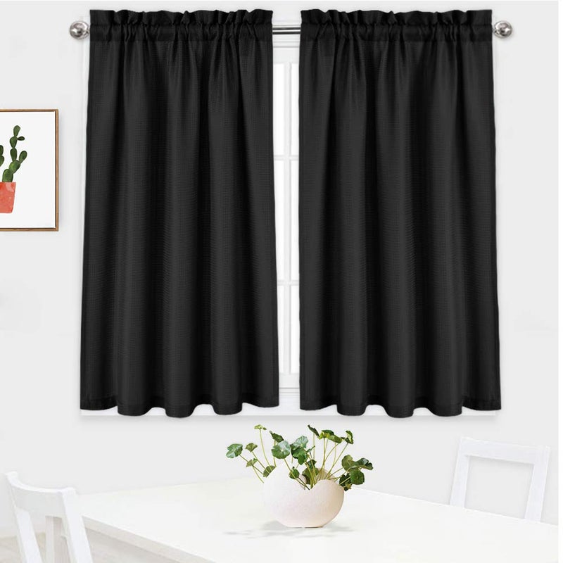 NANAN Kitchen Curtains 45 inch Long Casual Weave Small Window Curtain Kitchen Bathroom Basement Bedroom Drapes - 30" x 45", Black, Set of 2 - Image 2